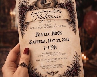 Gothic Baby Shower Invitation Postcard, Expecting a Little Nightmare, Victorian Dark Fairytale, Double Sided Editable Invite