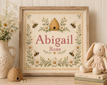Personalized Bee Nursery Print | Cross Stitch Name Sign | Honey Bee Nursery Decor | Vintage Heirloom Poster