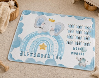 Personalized Blue Elephant Baby Milestone Blanket: Prince Cloud Tracker