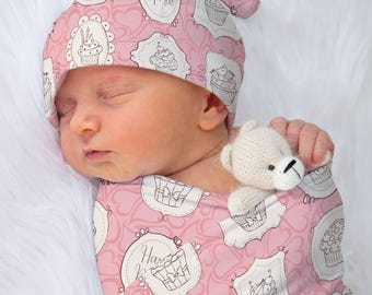 Personalized Cupcake Baby Blanket, Hat or Headwrap, Pink Vintage Style