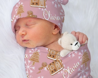 Personalized Christmas Gingerbread Baby Blanket, Hat & Headwrap Set