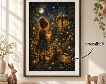 Personalized Firefly Garden Wall Art, Custom Name Girl and Squirrel Poster, Magical Moonlit Nursery Print, Whimsical Cottagecore Decor