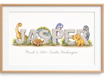 Personalized Dinosaur Name Art Print – Custom Nursery Wall Art with Stone Letters & Dinosaurs - Kid Toddler Decor