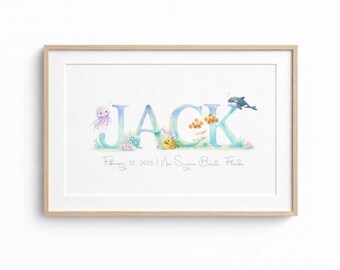 Personalized Under the Sea Name Print, Ocean Nursery Wall Art, Coastal Baby Room Decor, Custom Name Sign, Birth Announcement Art