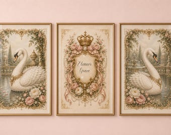 Personalized Swan Princess Nursery Wall Art Set of 3, Royal Crest Baby Girl Decor, Fairytale Nursery Prints, French Chateau Nursery