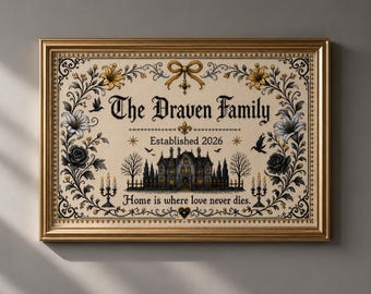 Gothic Victorian Family Name Sign, Personalized Dark Cottage Wall Art, Cross Stitch Style Print, Wedding Gift
