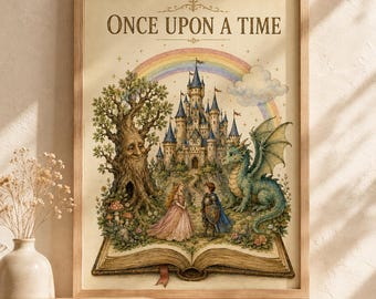 Once Upon a Time Wall Art Print, Kids Reading Nook Decor, Fairytale Castle and Dragon Poster, Storybook Nursery or Playroom Art