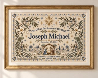 Personalized Christmas Baby Name Print, Nativity Nursery Wall Art, Christian Baby Gift, Christmas December BirthDay. Cross-Stitch Style