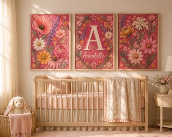 Personalized Wildflower Nursery Wall Art, Pink Floral Nursery Decor, Custom Baby Girl Name Prints, Monogram, Cottagecore Nursery, Set of 3