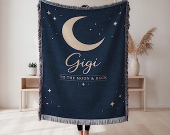 Personalized Moon Blanket, Custom Name Blanket, To the Moon and Back Blanket, Grandparent Gift, Midnight Blue Star Blanket