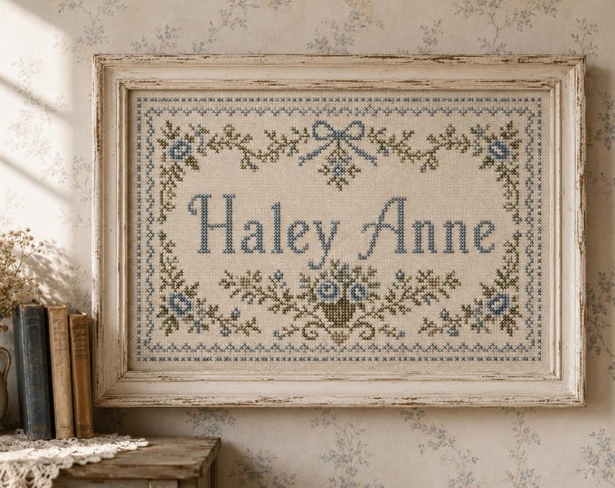 Featured listing image: Personalized Cross Stitch Nursery Print, Custom Baby Name Sign, Vintage Embroidery Wall Art, Heirloom Nursery Decor, Baby Girl Gift