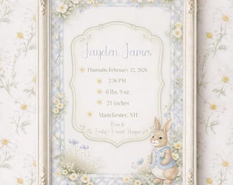 Custom Peter Rabbit Birth Announcement Poster | Matte Vertical Poster, Personalized Pastel Blue Nursery Art