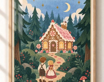Hansel and Gretel Wall Art, Gingerbread House Fairytale Nursery Poster, Once Upon a Time Storybook Kids Room Decor