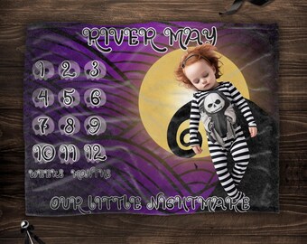 Halloween Milestone Blanket, Expecting a Little Nightmare, Personalized Baby Month Tracker, Multiple Sizes