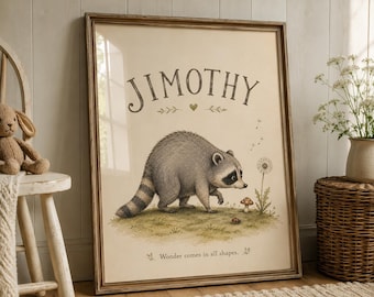 Jimothy Nursery Print | Wonder Comes in All Shapes | Storybook Woodland Raccoon Wall Art