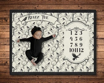 Gothic Raven Tree Milestone Blanket, Personalized Baby Month Tracker, Dark Nursery Decor