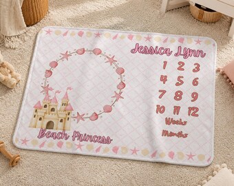 Personalized Beach Princess Baby Milestone Blanket: Month Tracker
