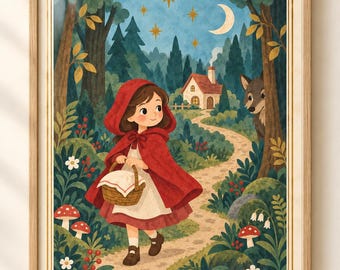 Little Red Riding Hood Wall Art Print, Once Upon a Time Fairytale Poster, Vintage Storybook Nursery Decor, Woodland Girls Room Art