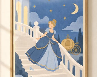 Once Upon a Time Cinderella Wall Art Print, Blue Princess Nursery Decor, Fairytale Poster, Storybook Girls Bedroom Art