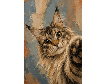 Whimsical Maine Coon Cat Print, Curious Cat Wall Art, Textured Impasto Pet Portrait, Funny Cat Selfie Poster, Boho Neutral Animal Decor