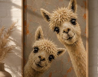 Whimsical Alpaca Selfie Print, Neutral Boho Nursery Wall Art, Animal Painting, Cute Farmhouse Alpaca Decor, Beige Taupe Poster