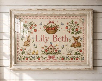 Personalized Berry Garden Cross Stitch Nursery Print | Strawberry & Blueberry Baby Name Sign | Heirloom Nursery Decor