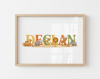 Personalized Safari Name Wall Art Print - African Animal Nursery Decor - Custom Jungle Baby Boy Room - Elephant Lion Giraffe Cheetah Zebra