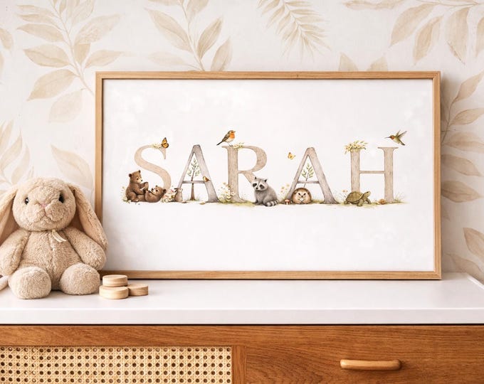 Featured listing image: Woodland Animal Nursery Name Print | Personalized Baby Name Wall Art | Neutral Woodland Nursery Decor