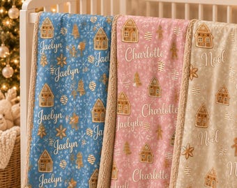 Personalized Christmas Gingerbread Blanket- Pink, Blue, Cream- New Baby Gift- Baby Boy or Baby Girl- Custom Name- Choose Your Fabric