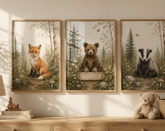 Personalized Woodland Animal Nursery Wall Art | Bear Fox Badger Prints | Baby Boy Nursery Decor | Forest Animal Triptych