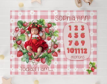 Strawberry Gingham Milestone Blanket, Personalized Baby Month Tracker, Nursery Photo Prop