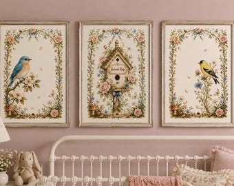 Personalized Birdhouse Nursery Wall Art Set, Bluebird & Goldfinch Triptych, Fairytale Garden Nursery Decor, Cottagecore Girl Bedroom Prints