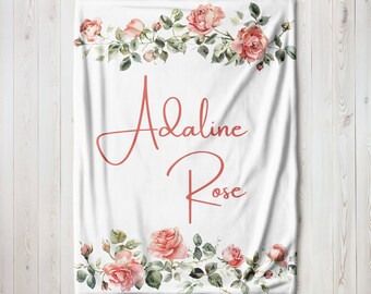 Personalized Rose Baby Blanket- Floral Fleece, Sherpa, or Swaddle- Choose Your Fabric- Multiple Sizes