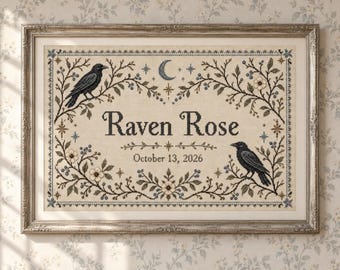 Personalized Raven Baby Name Print, October Baby Gift, Gothic Nursery Wall Art, Vintage Cross Stitch Birth Date Sampler, Custom Name Sign