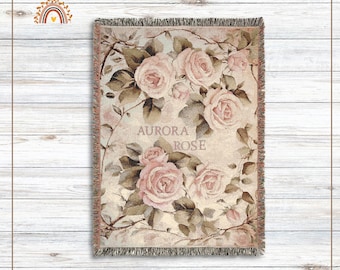 Personalized Blanket- Vintage Pink Rose Vine Garden- Multiple Fabrics- Romantic, Floral Keepsake Throw