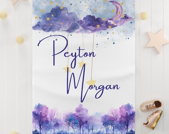 Personalized Purple Forest Blanket: Watercolor Moon & Stars - Fleece, Sherpa, Swaddle