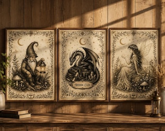 Personalized Fantasy Nursery Wall Art Set of 3, Dragon Gnome Fairy Prints, Storybook Nursery Decor, Custom Name Poster