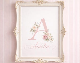 Personalized French Floral Name Sign, Baby Girl Nursery Wall Art, Blush Pink Monogram Print, Custom Initial Flower Decor