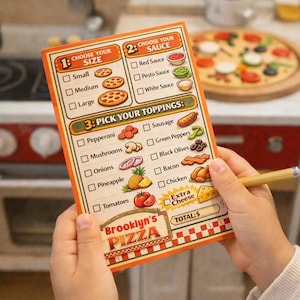 May include: A rectangular Brooklyn's Pizza order form printed on orange and white paper. The form features sections to choose size, sauce, and toppings with checkboxes and illustrations of pizza ingredients like pepperoni, mushrooms, and pineapple.