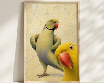 Playful Ringneck Parakeet Art Print, Whimsical Bird Nursery Wall Art, Funny Parrot Decor, Cute Kids Room & Playroom Wall Art