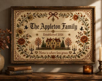 Personalized Family Name Sign, Vintage Cross Stitch Style Print, Custom Last Name Wall Art, Farmhouse Decor, Established Family Gift