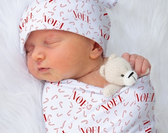 Personalized Candy Cane Christmas Baby Blanket Set: Hat & Headwrap