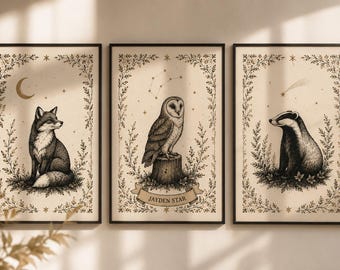 Personalized Woodland Animal Nursery Prints Set of 3 – Owl Fox Badger Wall Art Triptych, Custom Name Nursery Decor