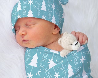 Personalized Christmas Baby Blanket Set: Teal Winter Wonderland Gift