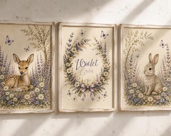 Personalized Lavender Nursery Wall Art Set of 3, Woodland Deer & Bunny Prints, Wildflower Baby Girl Nursery Decor, Cottagecore Triptych