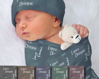Personalized Watercolor Baby Swaddle Blanket & Knotted Hat Set