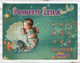 Personalized Little Mermaid Milestone Blanket: Fairytale Baby Photo Prop