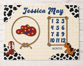 Personalized Cowgirl Milestone Blanket: Western Photo Prop, Yellow Gingham