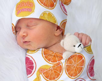 Personalized Citrus Baby Blanket & Hat: Watercolor Fruit, Custom Name