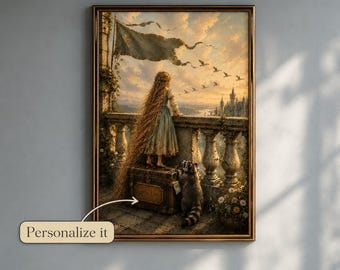 Personalized Princess and Raccoon Nursery Wall Art, Fairytale Castle Print, Vintage Storybook Poster, Custom Name Girls Room Decor